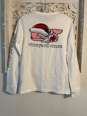 Vineyard Vines White Long Sleeve Tee with Pink Whale and Red Santa Hat